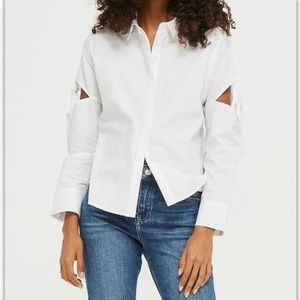 Topshop Tie Sleeve White Cotton Button Down Blouse